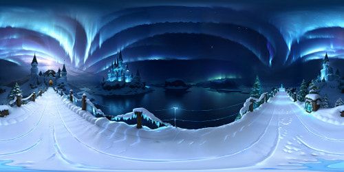 Frozen Elsa's icy Disney castle, high-res VR360 view, crystal-clear icicles, glimmering snowflakes, moonlit night sky. Pixar-style rendering, vibrant cool tones, intricate frost patterns, surreal winter beauty, illuminated northern lights. Masterpiece quality, immersive VR360 panorama, ultra-high definition.