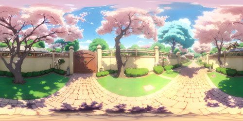 Masterful, ultra-high-res VR360, subdued dusk tones, Japanese cherry blossoms in full bloom. Soft pastel palette, anime-style rendering. VR360 twilight panorama, blossoms cloaking the view, vivid pinks against cool blues. Whimsical, sakura petal flurries, clear sky fading to night.