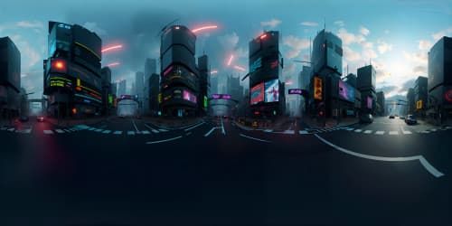 cyberpunk city with flying cars, tall buildings, and red and blue color. futuristic