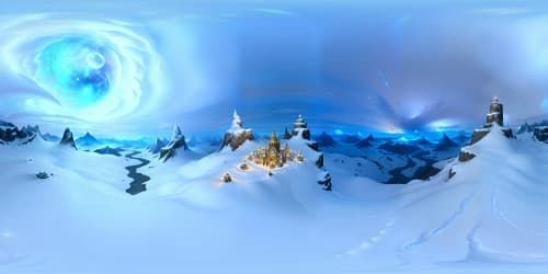 Ultra high-res VR360 view, snowy mountain peaks, masterpiece-like grandeur. Artistic interplay, stark white snow, rugged terrain details. VR360 icy splendor, Pixar-style crispness, ethereal blue tonalities. Blend of surreal art, digital painting for mesmerizing ambiance.