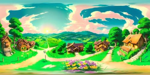 Italian countryside at dusk, lush vineyards, rolling hills, pastel-colored villages nestled in valleys, towering cypress trees. VR360 view of the fiery sunset sky, streaks of oranges, purples, pinks. VR360 optics, ultra high resolution, soft realism style. Masterpiece quality, attention to detail, exquisite textures.