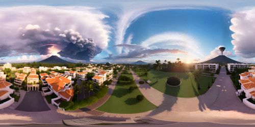 El Salvador cityscape, VR360 mastery in ultra-high res. Neoclassical architecture, vivid, tiled roofs. Tropical flora peeking from balconies. Volcanoes in distance, golden sunset hues, VR360 panorama. Expressive in Pixar-style animation.