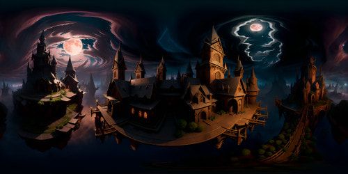 VR360 ultra-high resolution, masterpiece quality, blood-red moon, spectral shadows playing, ominous clouds looming, eerie dread-filled atmosphere. Grotesque realism style, chilling chiaroscuro effects. Ideal VR360 for horror genre enthusiasts.