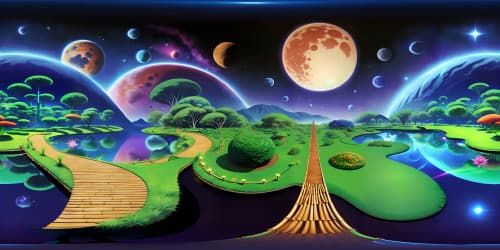 Zen night atmosphere, VR360 star-lit sky, bamboo silhouettes, Moon's reflection on tranquil pond, stone garden, VR360 view of vibrant Milky Way, detailed pixar-style.