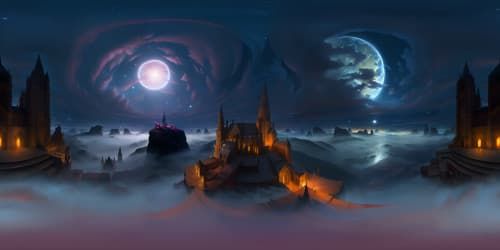 Gothic cathedral-inspired sky panorama, ultra-high-resolution VR360 view, masterpiece of digital painting. Stained glass star constellations, towering spires piercing clouds. Moody, dark ambience, subtle hints of gothic fashion elements in cloud formations.