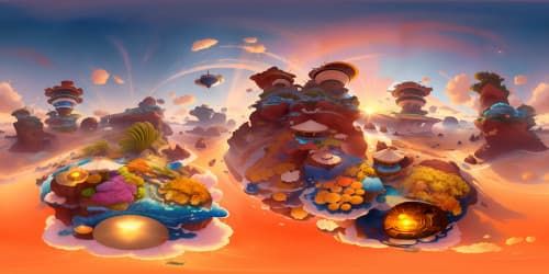 Ultra high-resolution VR360, seamless blend of digital painting, sea scene. Azure water surface, white-capped waves, mirrored in crystal clear sky, scarlet, golden sunset hues. Masterpiece quality, VR360 immersion.