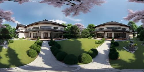 This is a Japanese style house.The house has a beautiful garden and shrine. The house is surrounded by forest. 