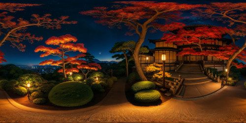 Looking out at a small, dark, panoramic Edo period Japenese garden at night, in Autumn. Cozy warm toned glowy lighting. Moon and stars in the dark midnight sky. Emaculately detailed landscaping. Deep warm toned color palette, with deep reds, magentas, browns, deep orange-yellow tones. Warm feverish Ghibli-esque aesthetic.