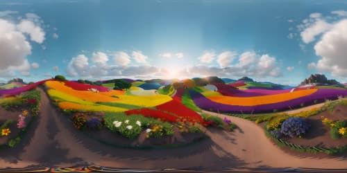 VR360 masterpiece, ultra high-res. Hillside vantage, panorama of vibrant flower field, red-blue-purple-orange-pink-yellow. Horizon boasting setting sun, VR360 skyview.
