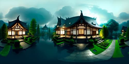 The house has an open space garden and is surrounded by dense forest. The house is a standard Japanese building with a Japanese sword next to the entrance.