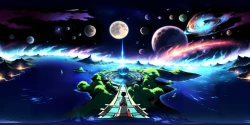 VR360 scene of cosmic dawn, incandescent nebulae, swirling galaxies, pulsating celestial bodies. Style: hyper-realistic digital painting, meticulous detail, vibrant color palette. Impeccable, visually rich, stellar VR360 panorama.
