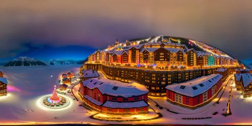 a bustling North Pole Christmas village, enchanting snow-covered rooftops, colorful festive lights, swirling snowflakes, shining in ultra HD detail, santas christmas