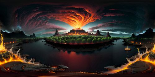 Ultra HD VR360 vista, volcanic eruptions pulsing, molten magma flowing majestically. Iridescent lava rivers branching off, masterful VR360 capture, fiery orange peaks etched against night. Detailed, veiny black rock formations, stark monochrome contrast. Pixar-style precision, masterpiece quality, ultra high-res brilliance.