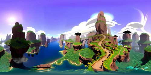 Avatar The Last Airbender-inspired world, VR360 masterpiece quality. Ultra high-res, sprawling landscapes, mist-clad colossal mountains. Floating islands, grand temples, cascading waterfalls, spirit lights' gentle flicker. Vivid VR360 panorama, lush, Avatar-style landscape. Cartoon realism, radiant color palette.