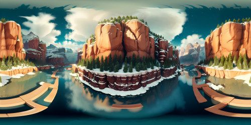 Ultra high res, Grand Canyon majesty, snowflakes dusting rugged cliffs. VR360 frosted river carving through, vibrant orange rock contrasted by white tranquility. Masterpiece style, delicate balance between realism and impressionism, VR360 panoramic snowy spectacle.