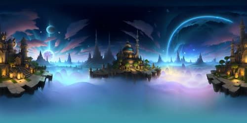 Final Fantasy VII inspired, ultra high-resolution VR360 view, turquoise fantasy lake, ethereal, vivid, pixel-art style, masterpiece, expansive celestial canvas, softly glowing moon, iridescent, swirling nebulas, gleaming stars, floating islands, crystal formations, glistening water reflections.