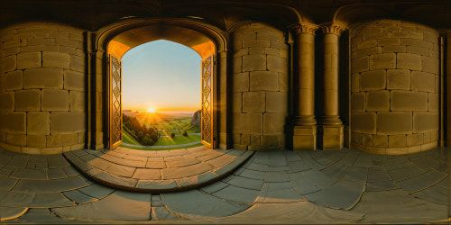 Entering the grandeur of Hyrule Castle, Princess Zelda and Link behold its majestic gates under a setting sun, bathing the flawless stone walls and intricate ancient architecture in a golden glow, surrounding them with sprawling grounds, a flawless masterpiece in ultra-high resolution quality.