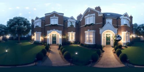 Masterpiece quality, ultra-high-res VR360 view, semi-detached, 1970s British council house, detailed brick facade, realistic peaked roofs, tall slim windows. Authentic 70s color scheme, adorned in vintage Christmas decor, wreaths, twinkling fairy lights. Winter-fresh VR360 backdrop, silently descending snowflakes, frost-kissed day, devoid of figures.