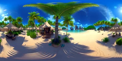 VR360 tropical beach scene, picnic blanket spread, crispy fried chicken on bamboo plates, finely-detailed sand grains, ultra-high-resolution, crystal clear aqua waters, towering lush palm trees, grand masterpiece in Pixar-style animation.