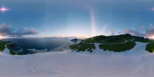 Masterpiece quality, ultra-high resolution, azure sea view, VR360 panorama. Glimmers on sea surface, distant horizon, pastel hues sky. Dynamic light play, dreamlike, sublime. Subtle stylization, radiant Surrealist touches.