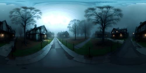 Ultra high-resolution VR360, masterpiece of Silent Hill inspired ambiance, misty landscapes, thick fog, decaying structures, ominous sky overrun by dark clouds. Style: photo-realistic with a touch of horror, eerie glow from the moon. 