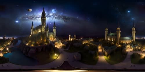 hogwarts castle grounds realistic with a starry sky and realistic hippogriffs
