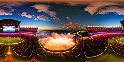 An impeccably detailed, ultra-high-resolution view of a dazzling, technicolor stadium at night during an electrifying concert, with pulsating lights, colossal screens, reverberating music, and a sea of enthusiastic fans under a star-studded sky.