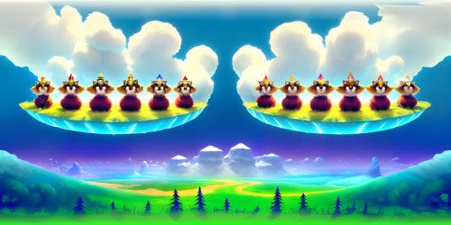 VR360 digital painting style: Five princesses in white fur, gold hoops, red gloss, one with white feather, assorted hair colors - blonde, red, blue eyes. Poses: squatting, arms raised, subtle feline features. Background: ultra-high res, masterpiece-like. Close-ups minimal, ensuring vast VR360 exploration.