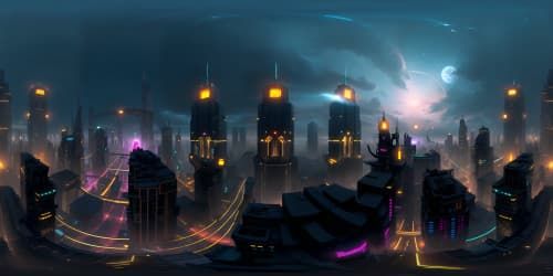 Ultra high-res VR360 view, alien city, breathtaking architecture, colossal towers, intricate details, mesmerizing skyline. Vibrant hues, phosphorescent glow, ethereal atmosphere. Masterpiece quality, surreal art style.