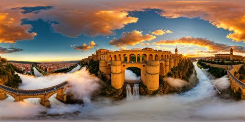 Perfectly captured in ultra-high resolution, a flawless masterpiece of Puente De Ledesma in Salamanca under the golden hour of summer, boasting stunning hues illuminating its intricate architecture with a warm and inviting glow, every detail crisp and vibrant—truly an artistic marvel.