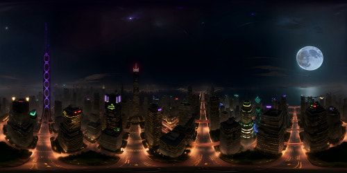 Masterpiece quality, ultra-high resolution VR360, moonlit city skyline. VR360 panorama, towering silhouettes, twinkling illuminations, full moon's silver glow. Expressive style, Pixar-esque vibrancy, profound depth. Emphasized sharpness, crisp lines, polished textures.