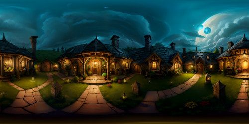 Hobbit house nestled in charm-filled borough, VR360 view filled with round wooden doors, stone pathways, lush greenery. Style: high-res, masterpiece, best-quality, rich textures, enchanting details. Mind-blowing VR360 immersion in a fantasy realm.