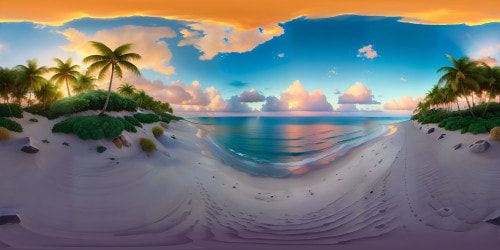 Masterpiece quality, ultra high-res VR360. Tropical beach, vibrant sunset hues, calm azure water. Sand glowing with golden hour hues, palm silhouettes contrasting against sky. Serene VR360 view, infinite horizon merging sky and sea. Style: hyperrealistic digital painting.