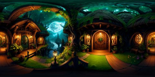 Hobbit House in lush, 3D, ultra-high-res, rolling emerald hills, circular wooden door, VR360 perspective. Thatched roof, whimsical gardening, VR360 panorama. Art masterpiece style, intricate detailing, fantasy charm.