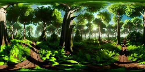 VR360 deep forest, towering ancient trees, dense undergrowth, sunlit greenish hue. Ultra high res, VR360 moss-draped branches, sunlight filtering through thick canopy. Brushstroke style, intricate detailing, masterful light, shadow play. Scene akin to a meticulous painting, pivotal masterpiece.