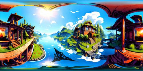 Chinese ink style, ultra high res VR360, soft gradients, solitary boat adrift. Ethereal misty clouds, tranquil river, oriental aesthetics in VR360. Masterpiece quality, traditional classical vibes, cold tonalities.