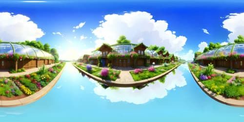 VR360 vibrant, lush botanical abundance, greenhouse panorama. Ultra-high res masterpiece qualities, VR360 glass structure pulsating with life. A vibrant, stylized Pixar-like artistry, translucent quality of sunlight streaming in.