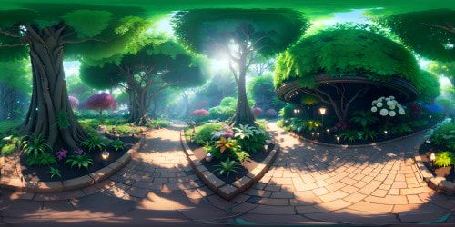 VR360 vision of lush forest, towering ancient trees, sun-dappled foliage, crystal-clear streams. Accents of blooming flowers, fern-carpeted forest floor. Majestic, ultra-high-res, akin to an animated masterpiece. Impeccable detailing, Pixar-style artistry in VR360 format.