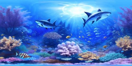 under the ocean, blue, fish, reef, coreals, shark