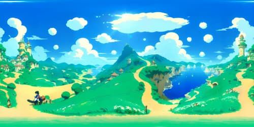 Ultra high-res VR360, Mario World masterpiece, vivid color vibrancy, renderings of floating platforms, iconic bricks, green pipes, cloud-studded blue skies, pixelated charm, playful aesthetics. VR360 of grand, expansive, Nintendo-inspired landscapes.