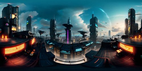 Rooftop looking over a gritty futuristic cyberpunk city