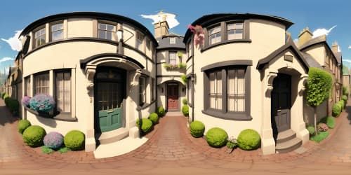 ultra-high-resolution VR360, British streetscape 1970s, cobblestones shine, timeless classic cars, smoke from chimneys, terraced houses, distinct Victorian architecture, VR360 peek into quintessential British house, antique furnishings, retro wallpaper, crystal chandelier, 70s era realism