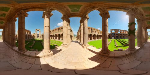 Masterpiece, ancient Rome, grand Colosseum, towering aqueducts, marble pillars, intricate mosaics, vibrant frescoes. High-res textures, vivid colors. Ivy-covered ruins bathed in golden sunset. VR360 view, immersive experience. Italian renaissance style, oil painting aesthetic in VR360 panorama. Ultra high quality, detailed and textured surfaces.