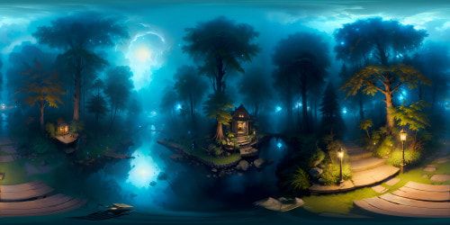 Masterpiece quality, ultra-high resolution VR360, vibrant blue fire, midnight hues, seaside forest. VR360 beachfront, luminous moonlight reflections on water, ethereal blue flames dancing amidst woodland. Similarly radiant style, ethereal Pixar-style, dusk ambiance.