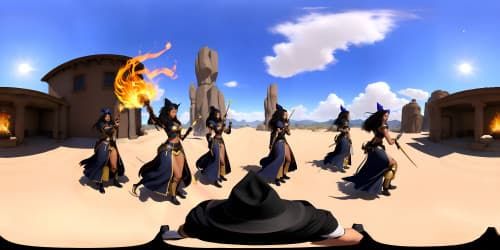 three black female sorceresses carrying blue staffs bursting with energy. one woman has dreadlocks.one is wearing thigh high boots.one has a flaming sword.theyhave beautiful faces.wearing red