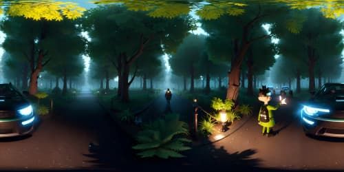 2 boys with black cat in dark rainy forest