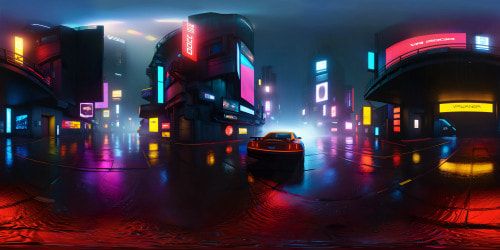 VR360 ultra high-res masterpiece. Rain-soaked streets, neon lights shimmering off wet asphalt. High-tech dystopia, airborne cars skimming past glowing hover billboards. Striking hues, hyper-realistic textures. Blade Runner-inspired VR360 scene, intense colors playing off dark cityscape.