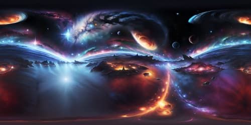 Masterpiece quality, ultra high-res VR360, celestial bodies, swirling galaxies, shimmering nebulas, twinkling stars. Style: Detailed realism, crisp edges, vibrant colors, luminous hues, immersive depth.