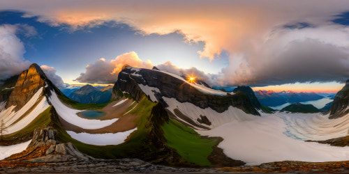 A stunning and flawless mountain vista at sunrise, light glinting off of crystal-clear lakes, towering snow-capped peaks, and cascading waterfalls, an ultra-high-resolution masterpiece captured in perfect detail.