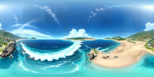Sleek yacht, glossy teak deck, gleaming chrome fittings, VR360 panorama, cerulean seascape. Turquoise ocean sprawl, sunlight glimmering on waves, foam crests twirling. Infinity horizon, azure sky meeting the sea. Masterpiece, ultra HD detail, glossy Pixar-style, immersive VR360.